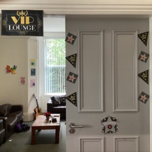 VIP lounge sign and door with stars bunting