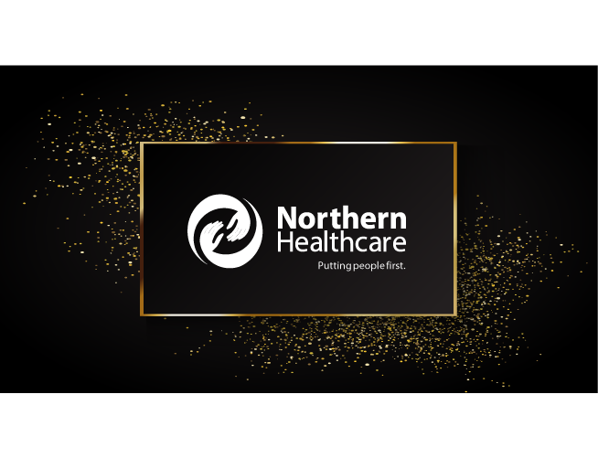 northern healthcare logo on black background with gold glitter