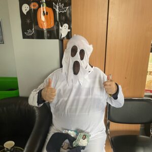 resident dressed as ghost