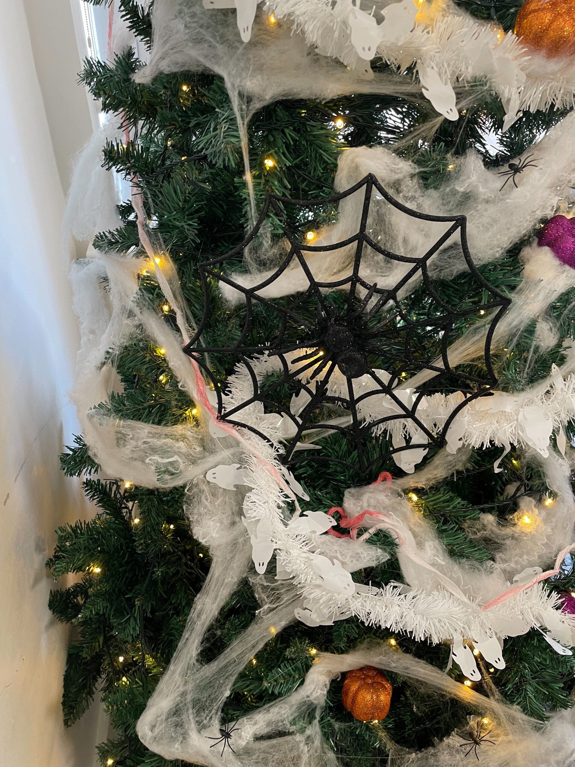 Grainger House Halloween tree close up of spiderweb