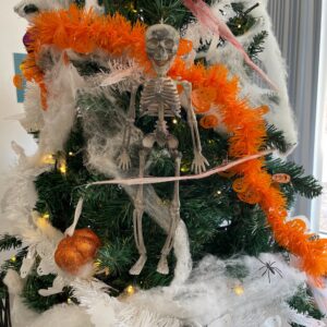 Grainger House Halloween tree close up of skeleton