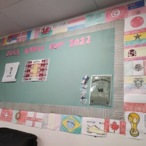 World Cup wall display with flags of the team