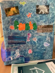 Faux fish tank with ocean facts