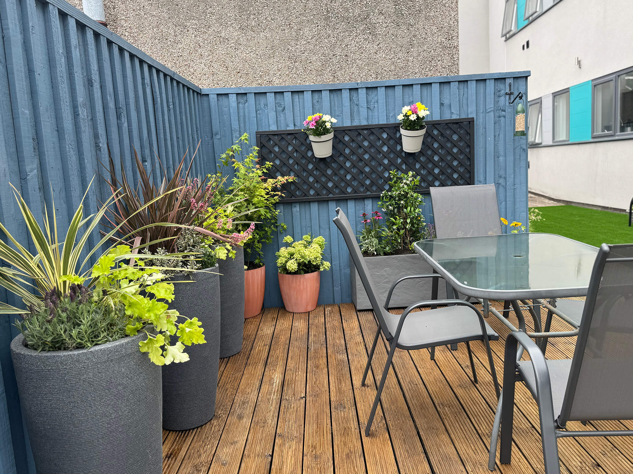 The final result of the garden makeover and renovation at Montgomery House in Bury, Greater Manchester, showing a thriving patio.