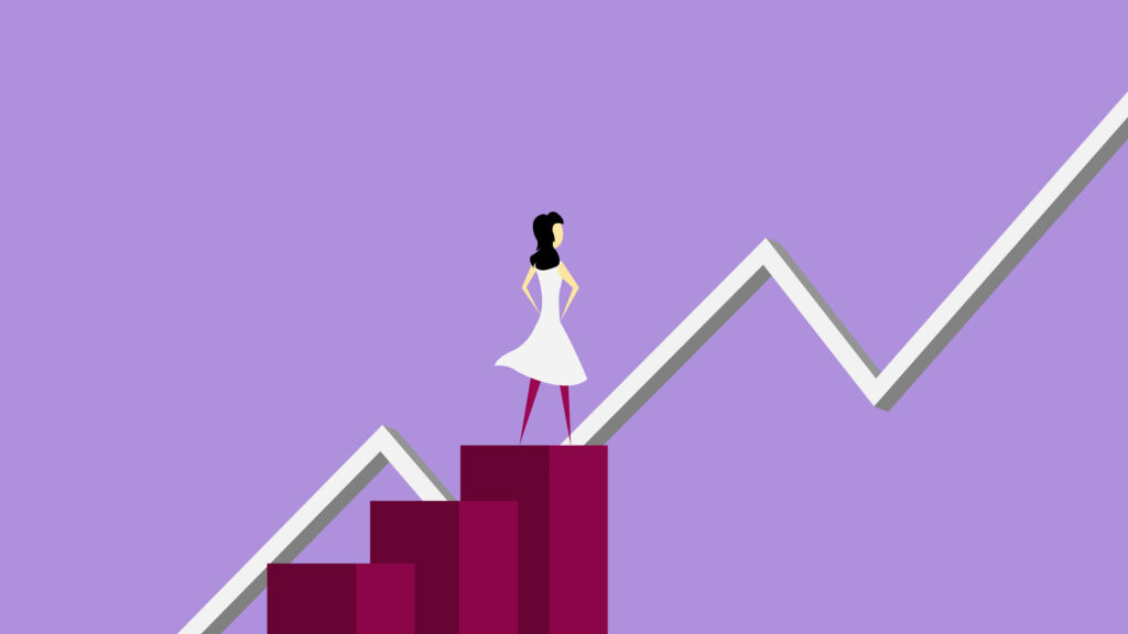 Illustration of woman with career progression graphs