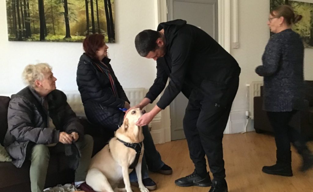 residents petting yellow labrador