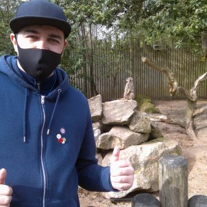 Hyde Park resident gives thumbs up to the camera on Safari trip