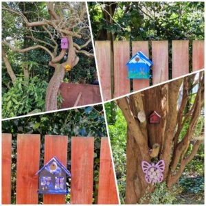 birdboxes hung on garden fence and on tree