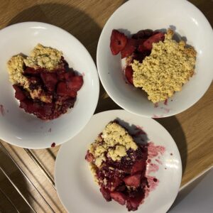 3 dishes of home made blackberry crumble