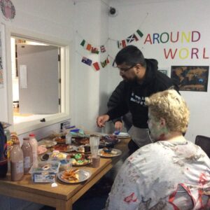 residents enjoying Halloween party