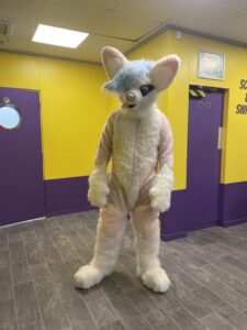 resident in homemade rabbit costume