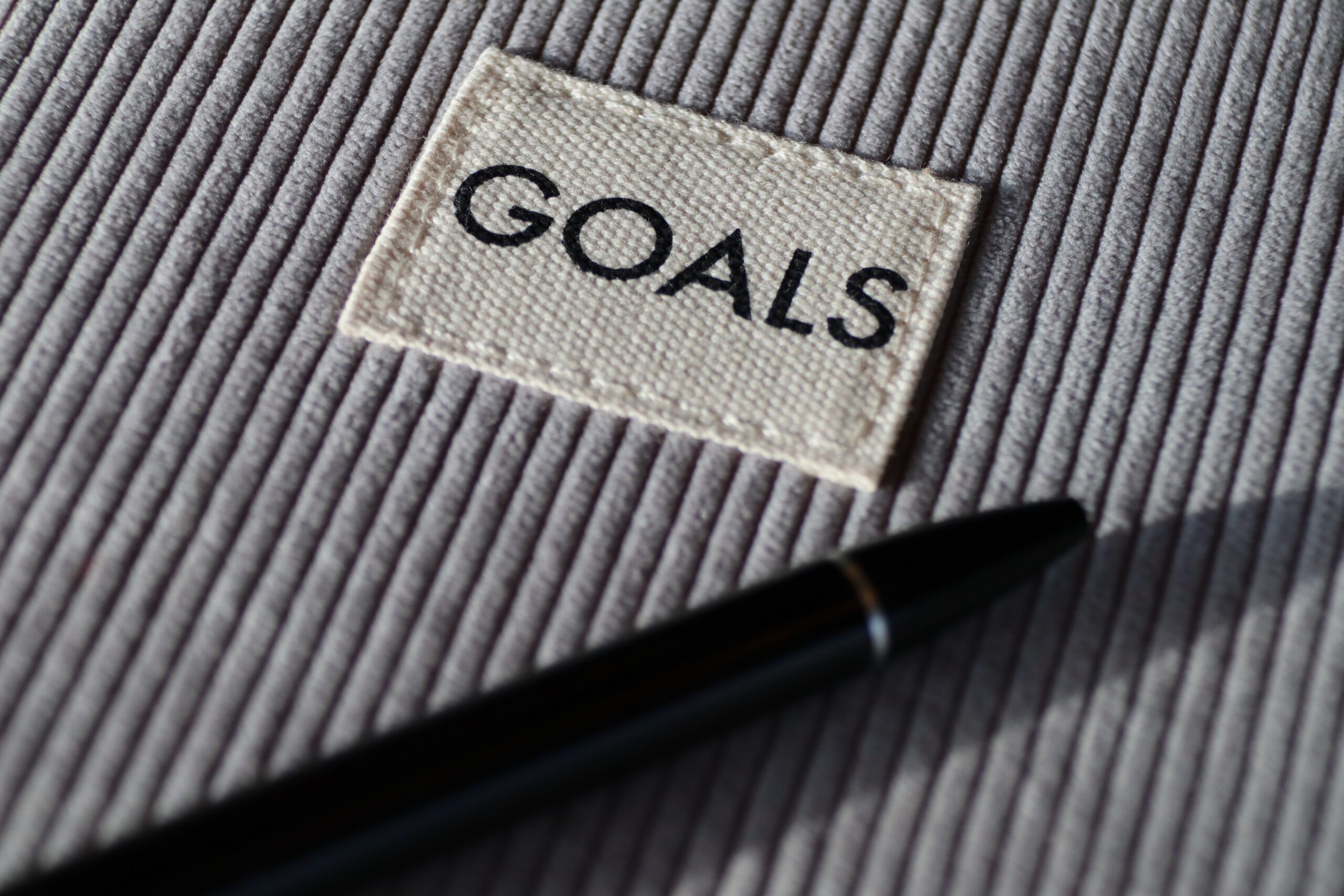 grey stripy notebook with white title box that reads "goals"