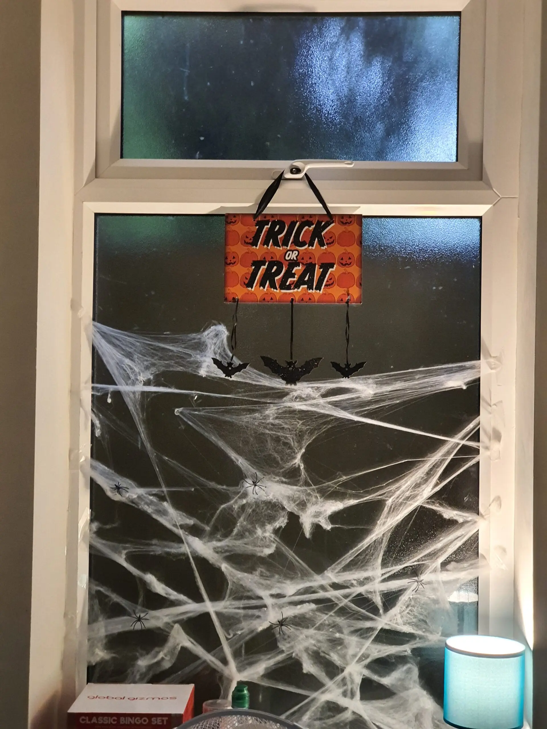Radcliffe House Halloween decorations: Trick or Treat sign hung on a window covered in fake cobwebs
