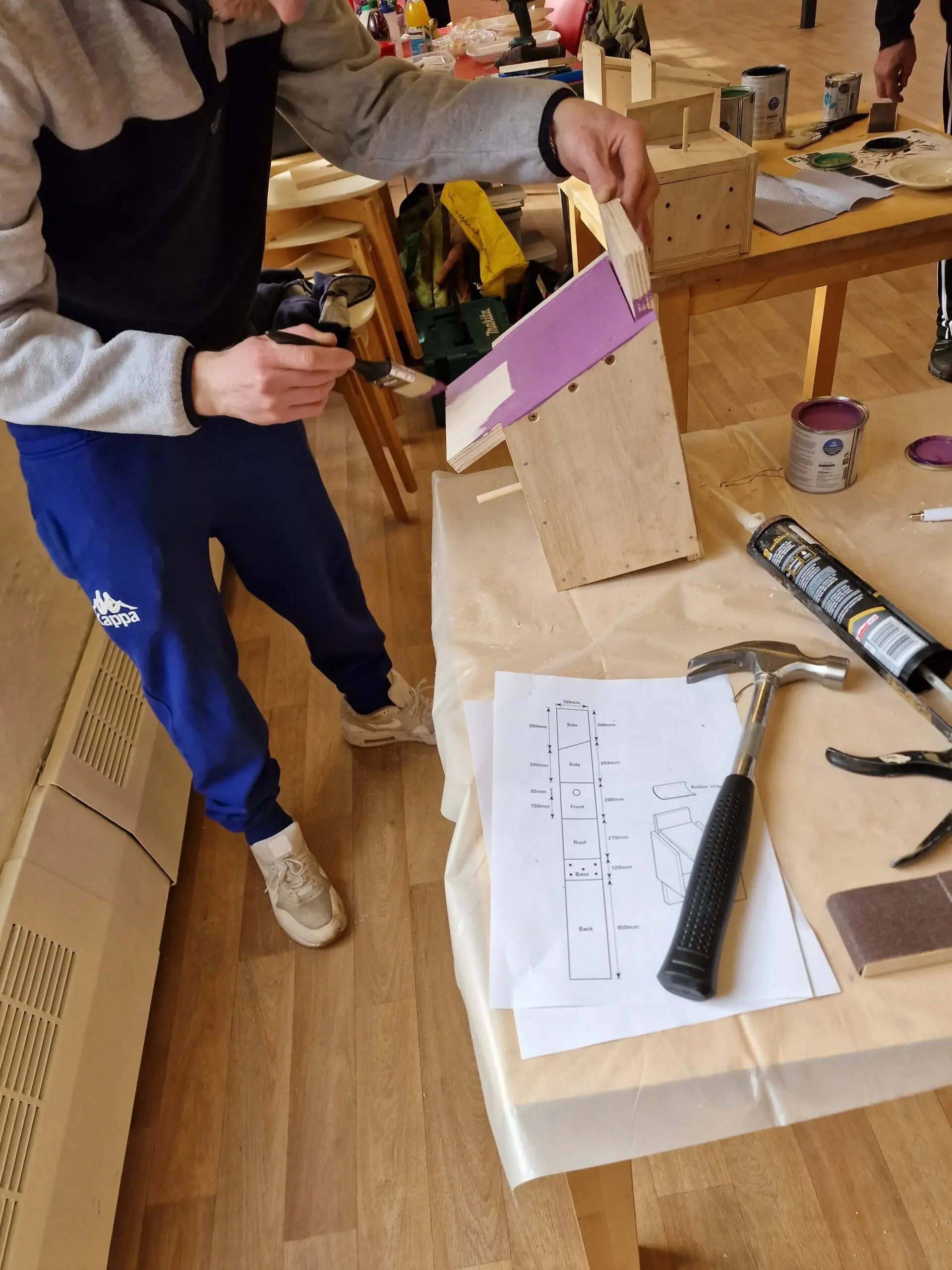 painting wooden bird box purple