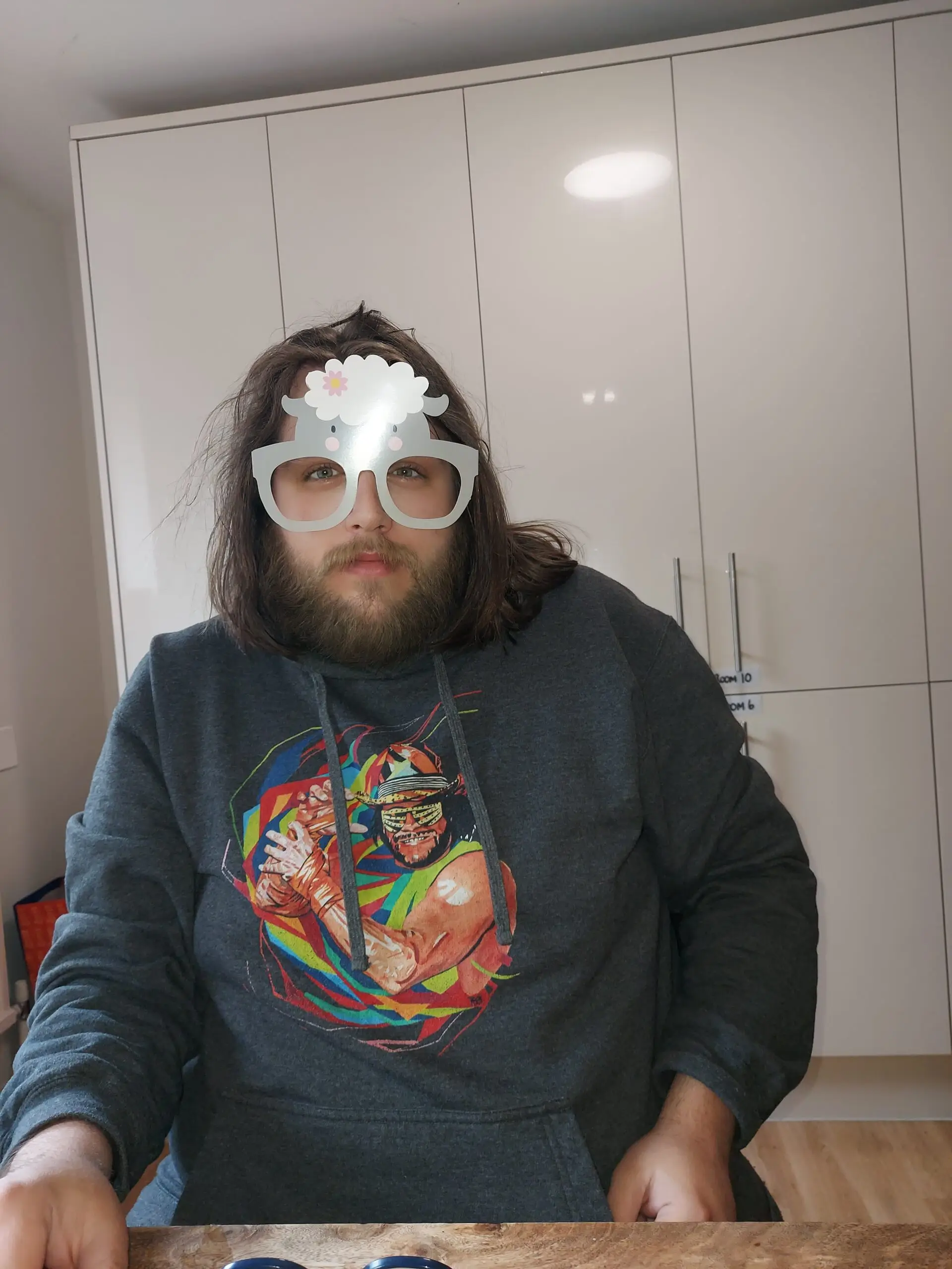male in dark green jumper wearing easter glasses