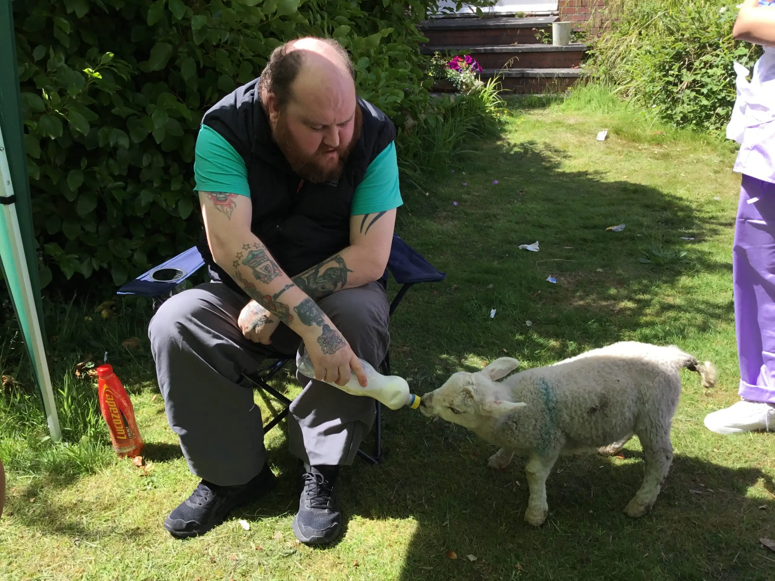 resident feeding a lamb from milk bottle