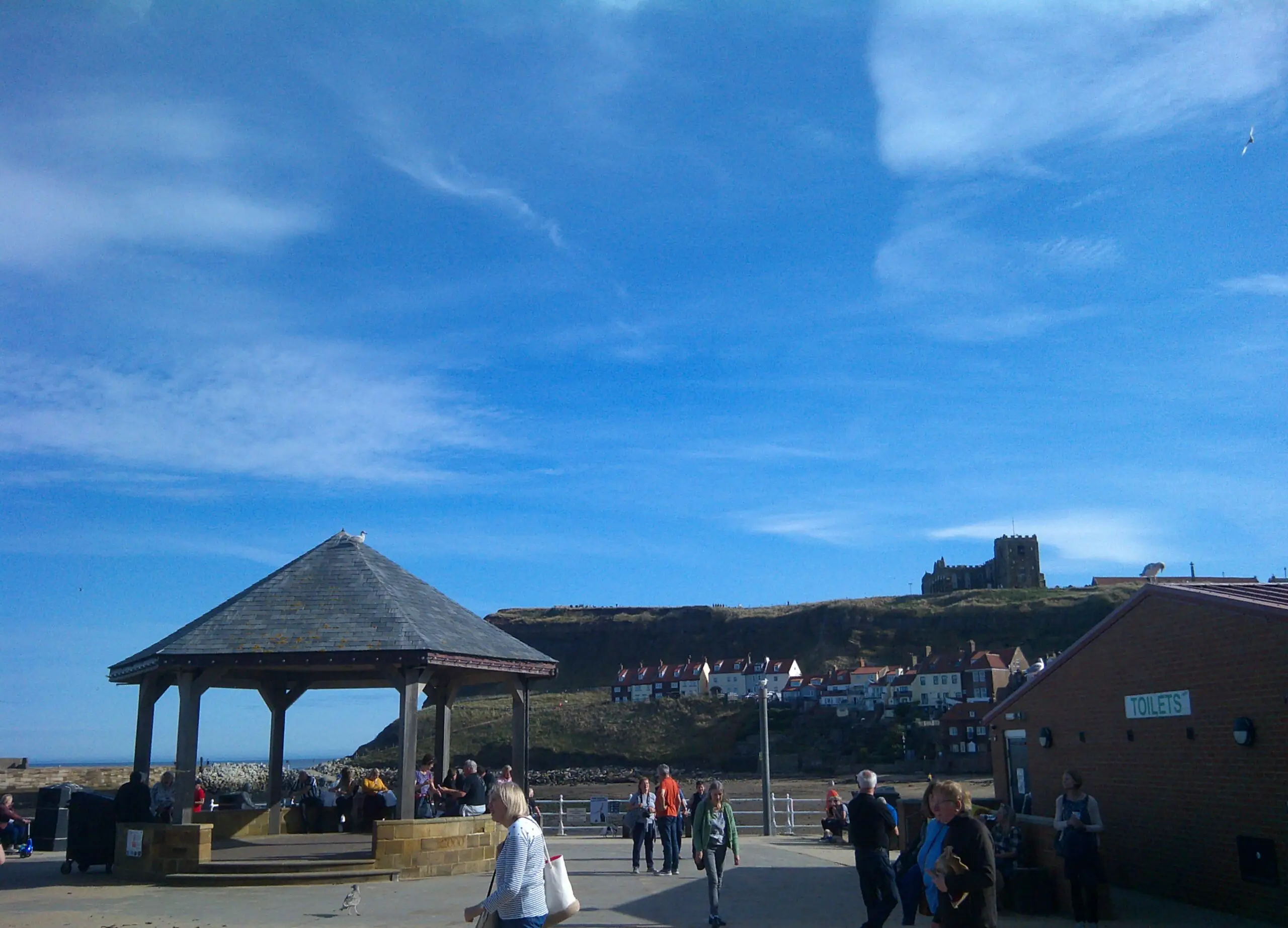 Whitby seafront view with blue sky