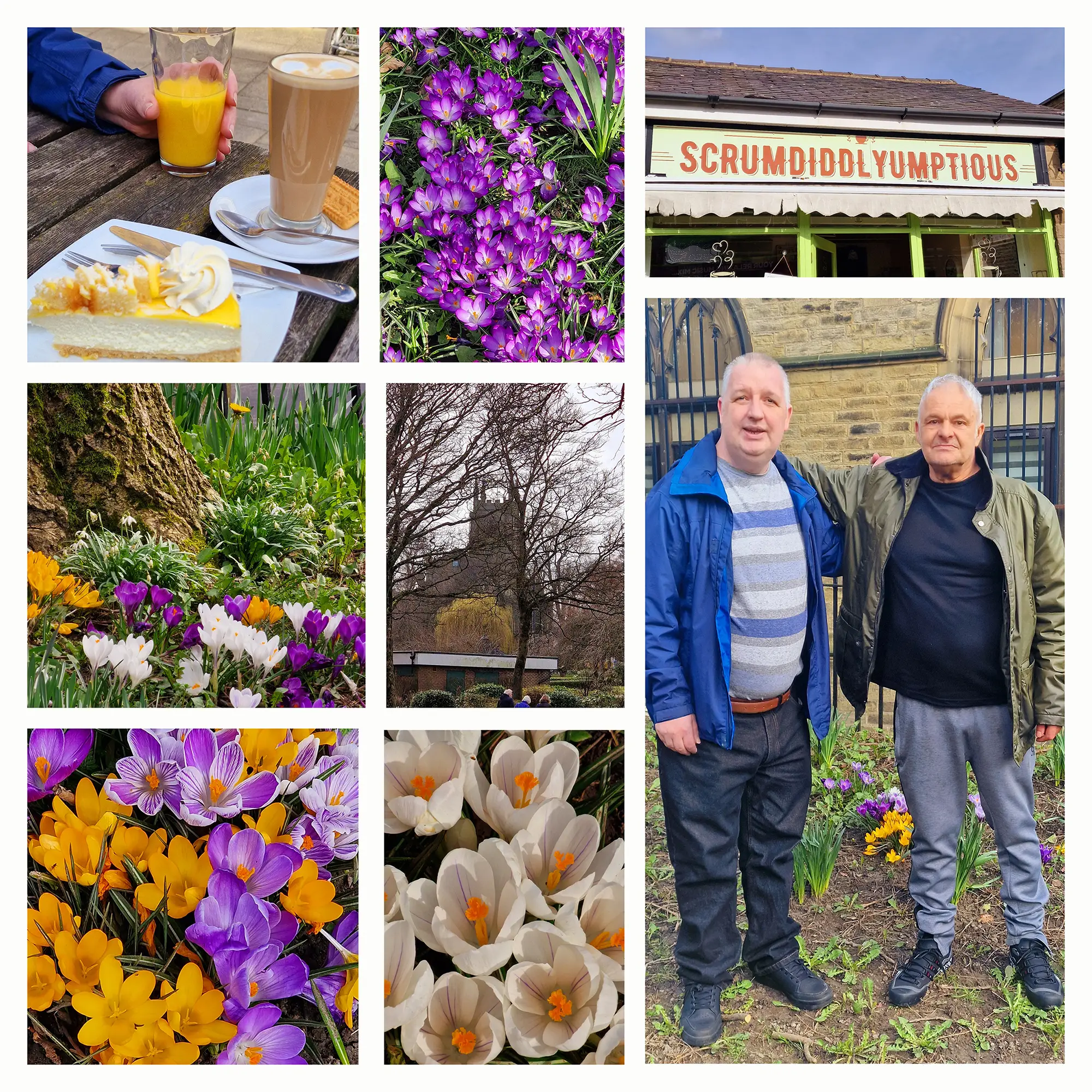 collage of purple and yellow flowers, coffee and cheesecake, and 2 male residents outside cafe with sign reading "scrumdiddlyumptious"