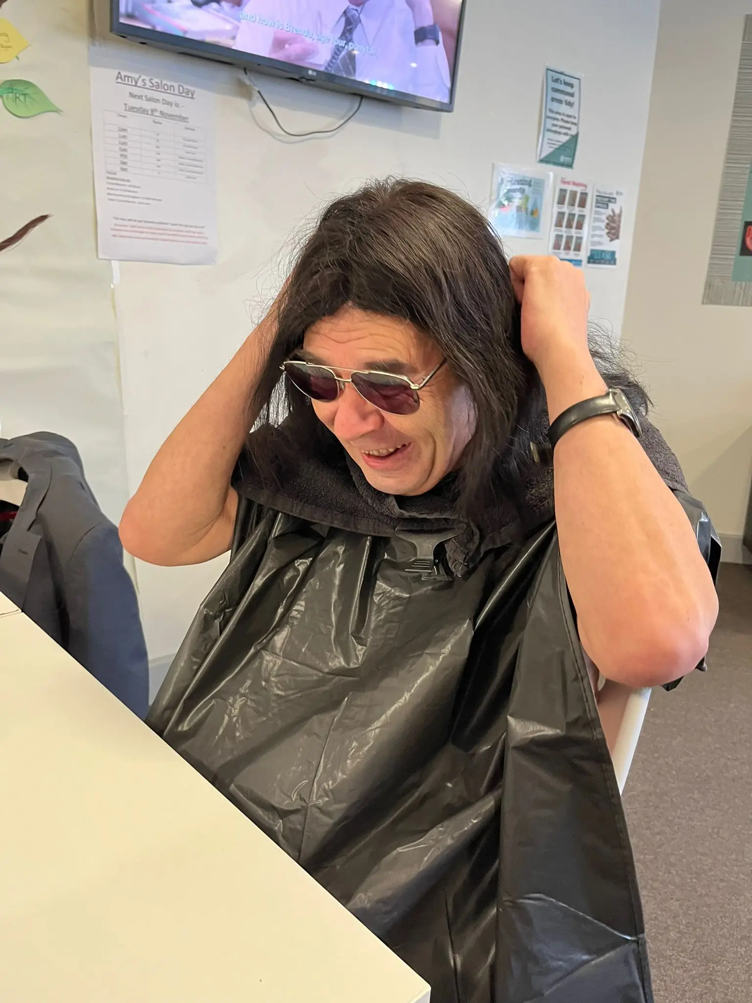 resident in hairdressing gown