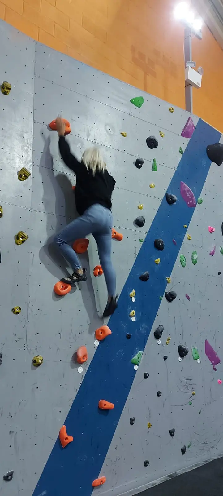 team member on climbing wall