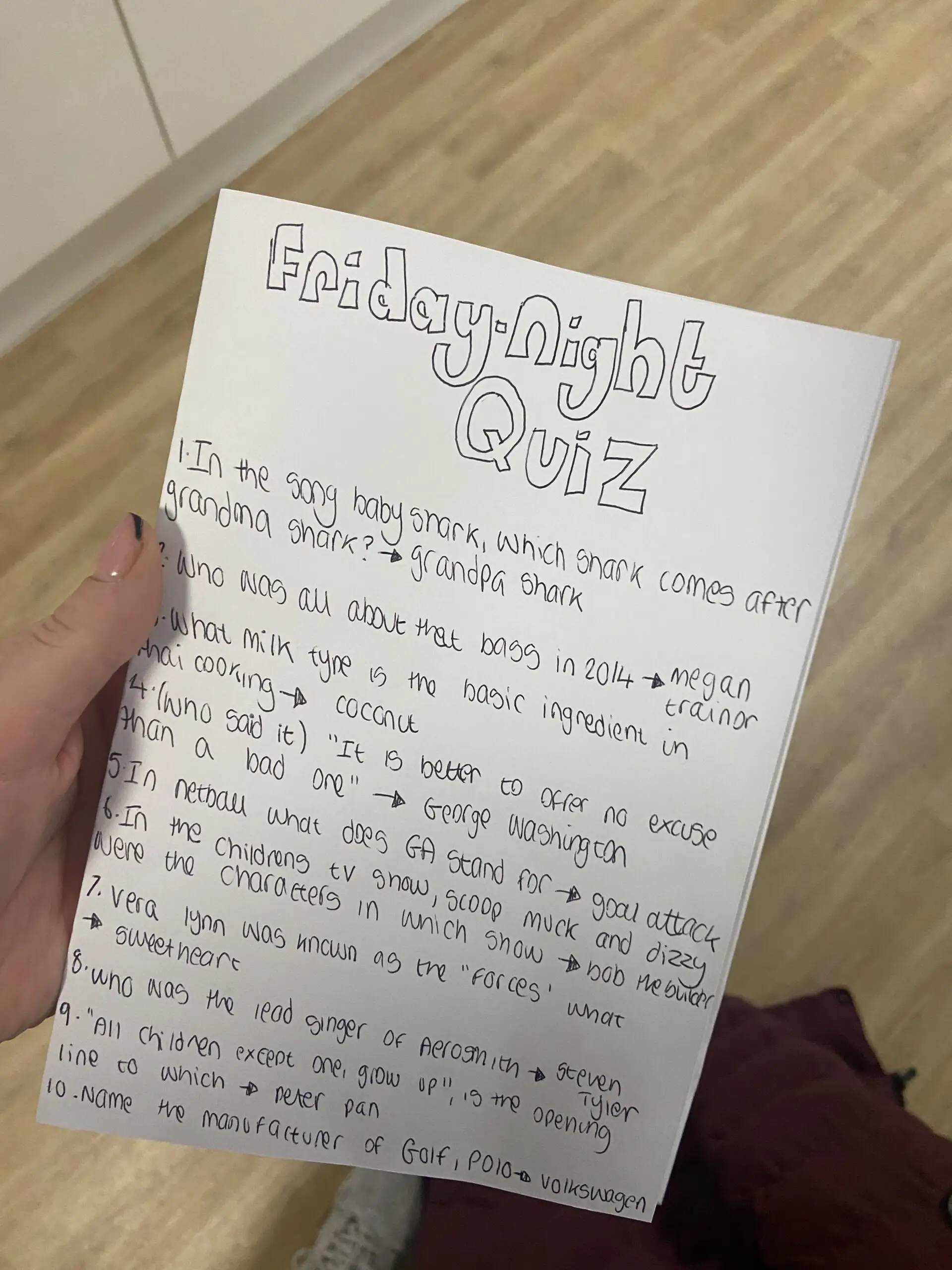 handwritten quiz questions