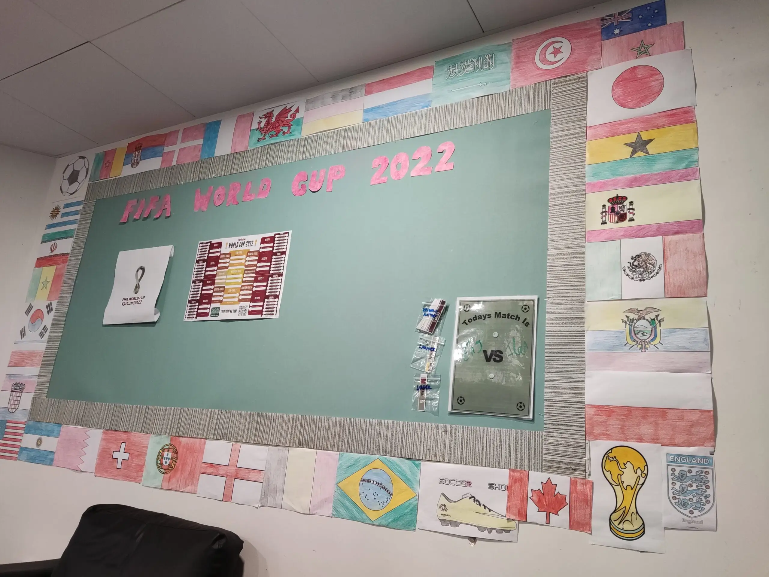 World Cup wall display with flags of the team