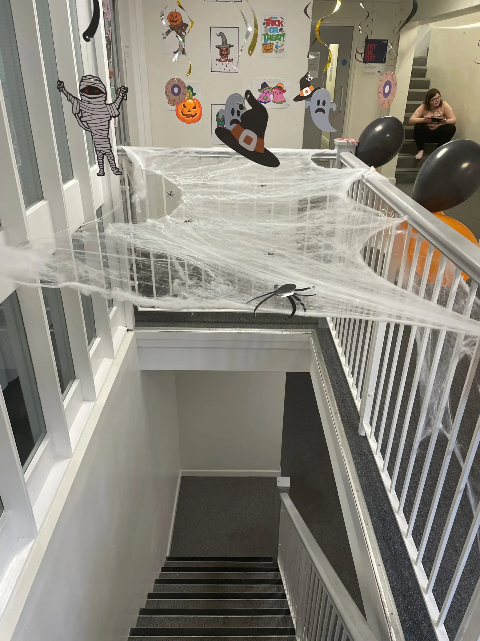 Holland House Halloween decoration - fake cobweb over stairwell