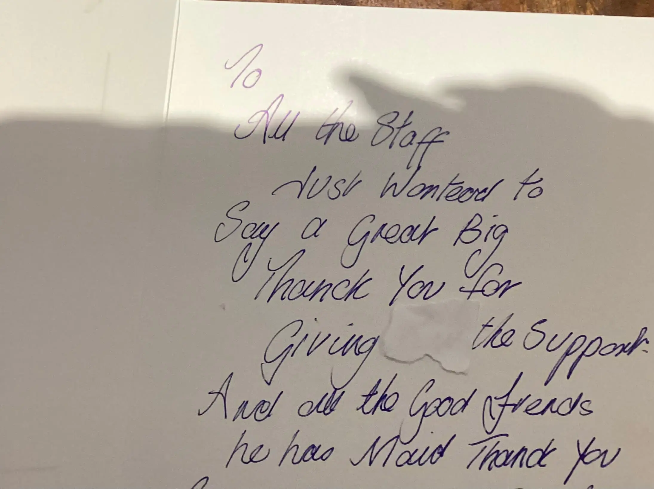 Thank you card from resident's family