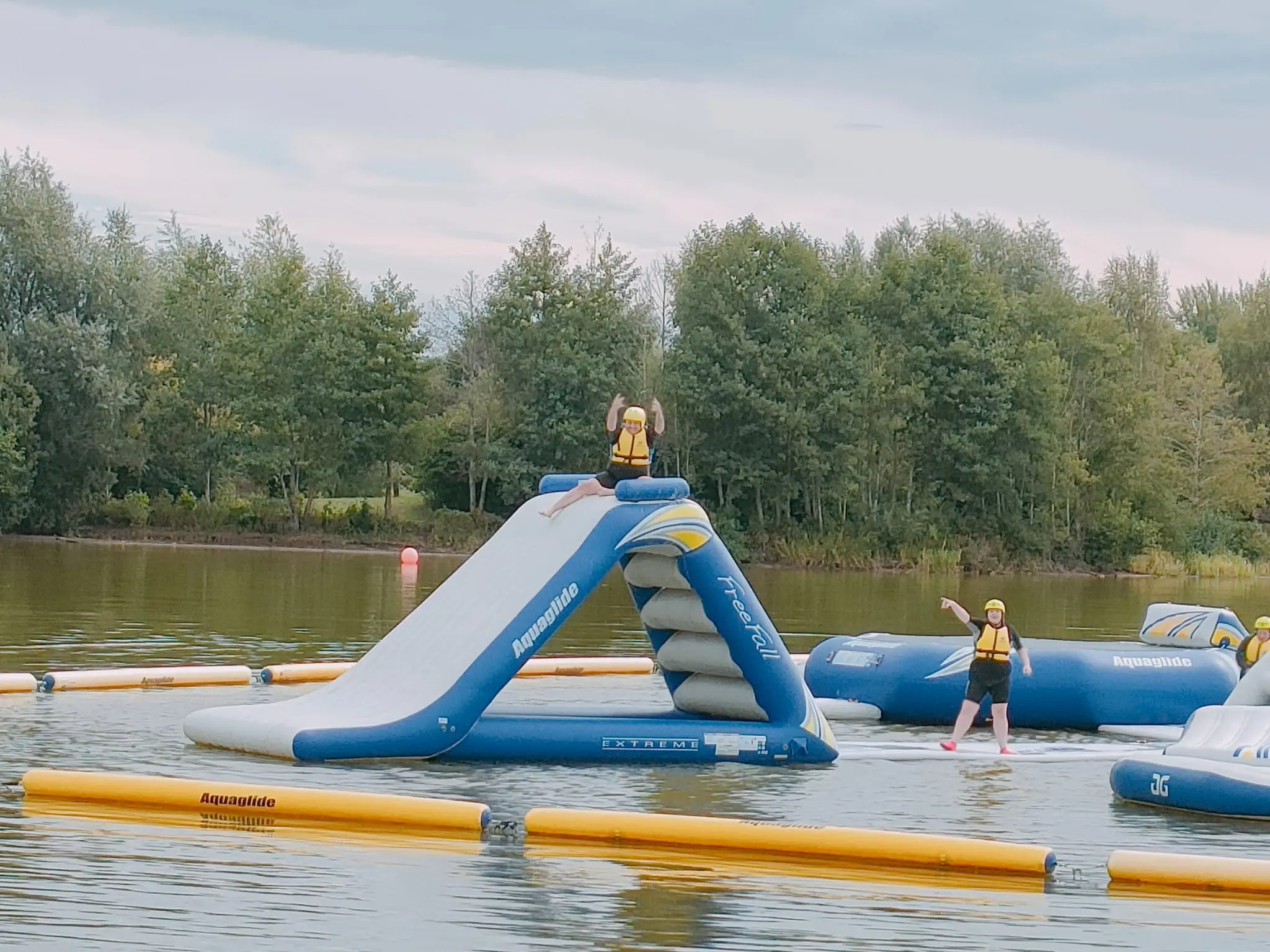 inflatable waterslide on lake