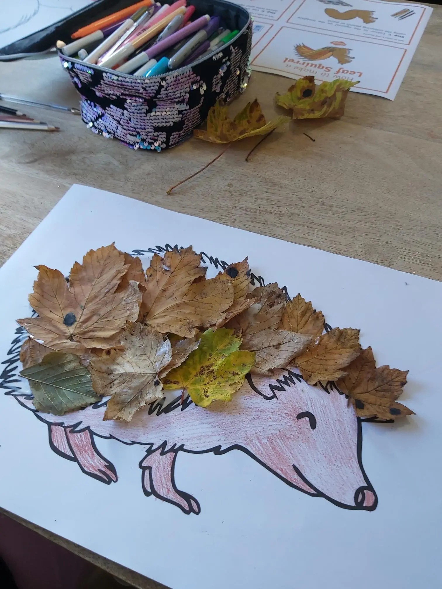 hedgehog drawing with autumn leaves as spikes