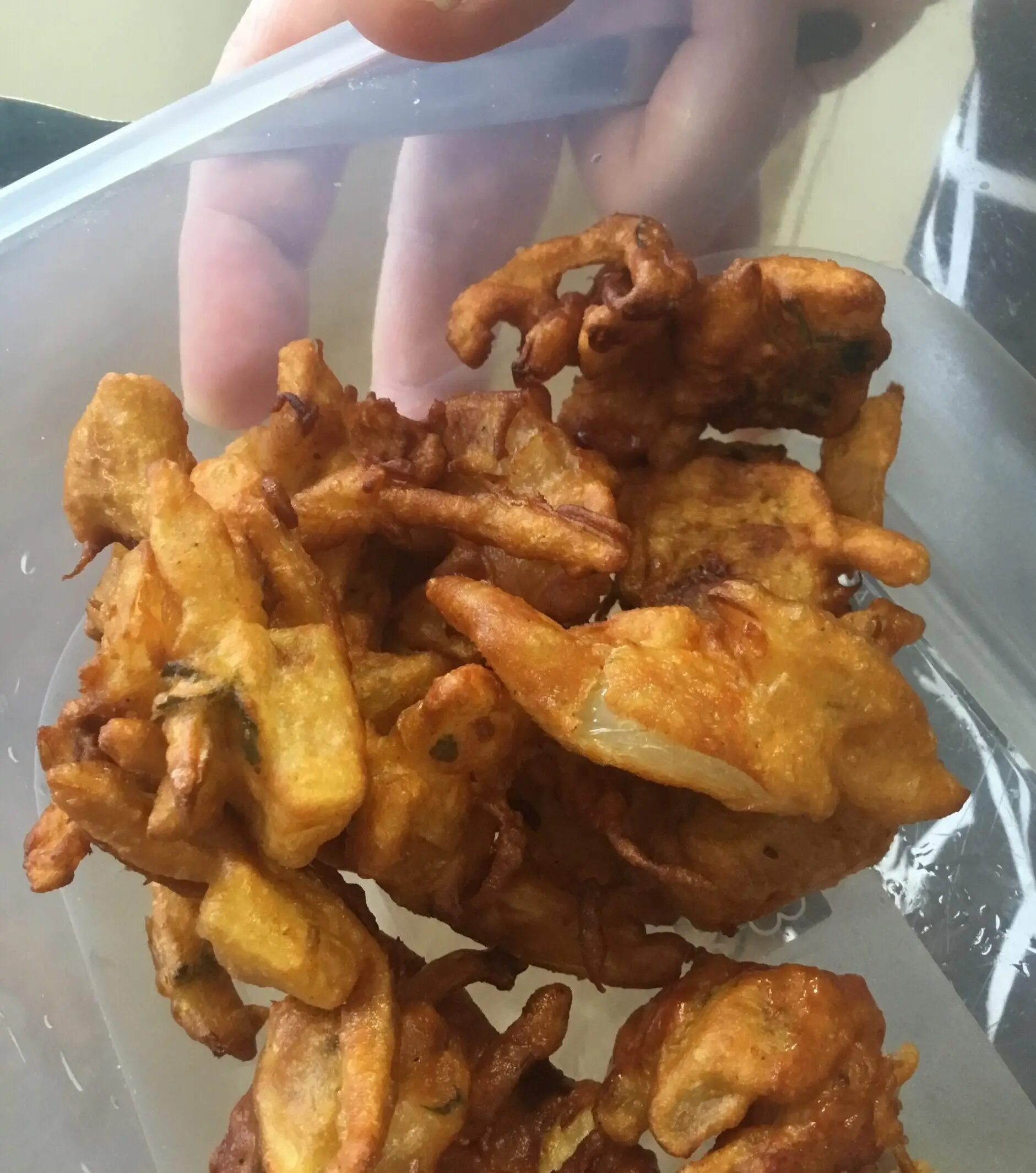home cooked onion bhajis in tupperware box
