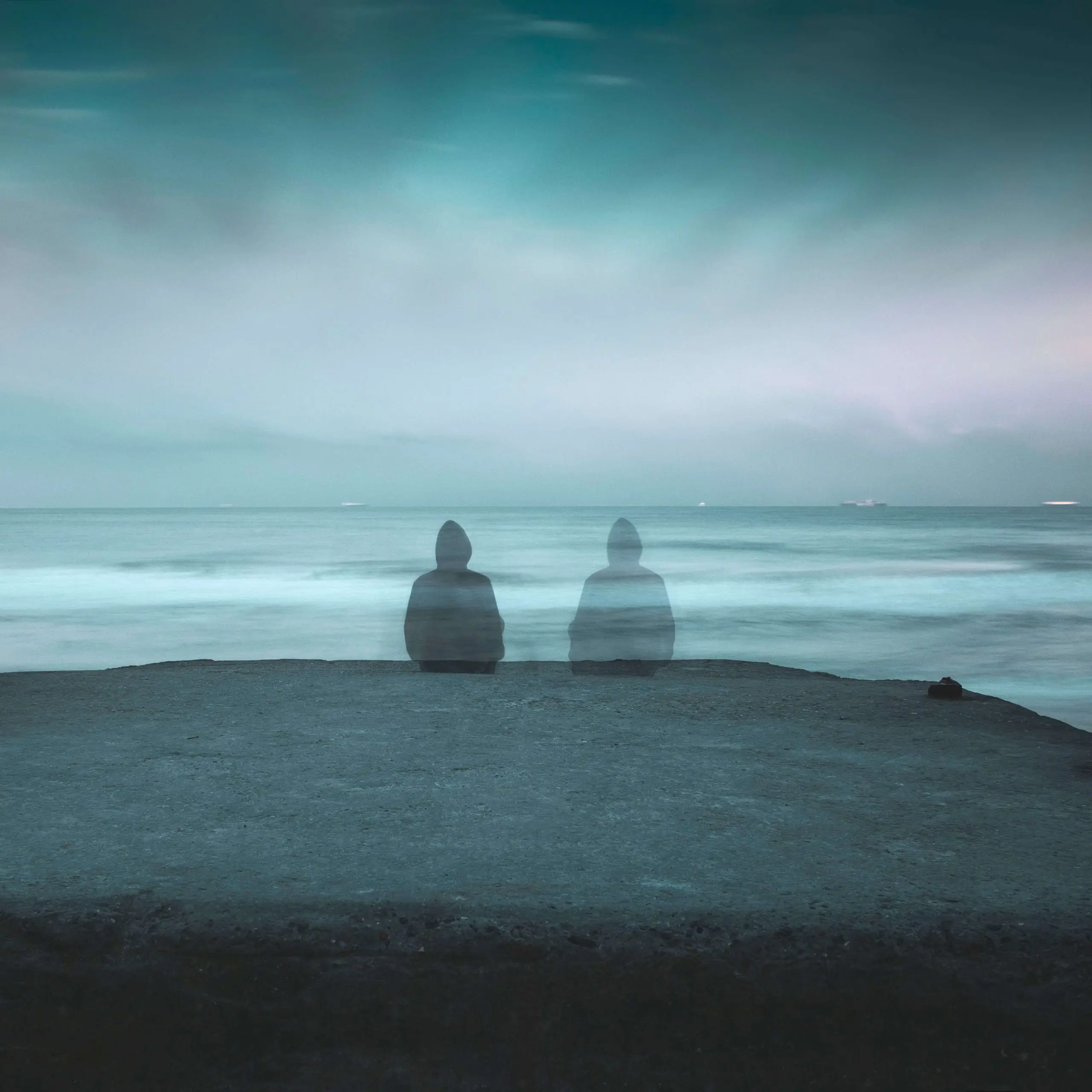 Adult looking at the ocean on a cliff in a moody setting, with a shadow version of themself sat beside them representing loneliness.