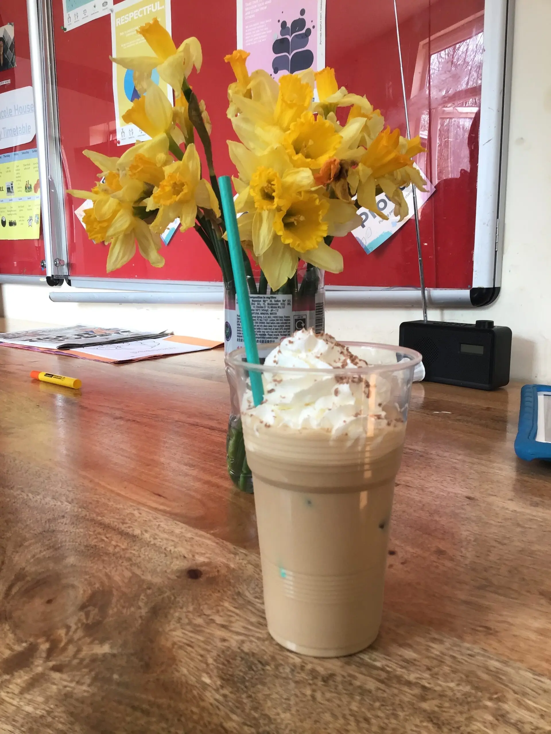 ice coffee in front of a bunch of daffodils