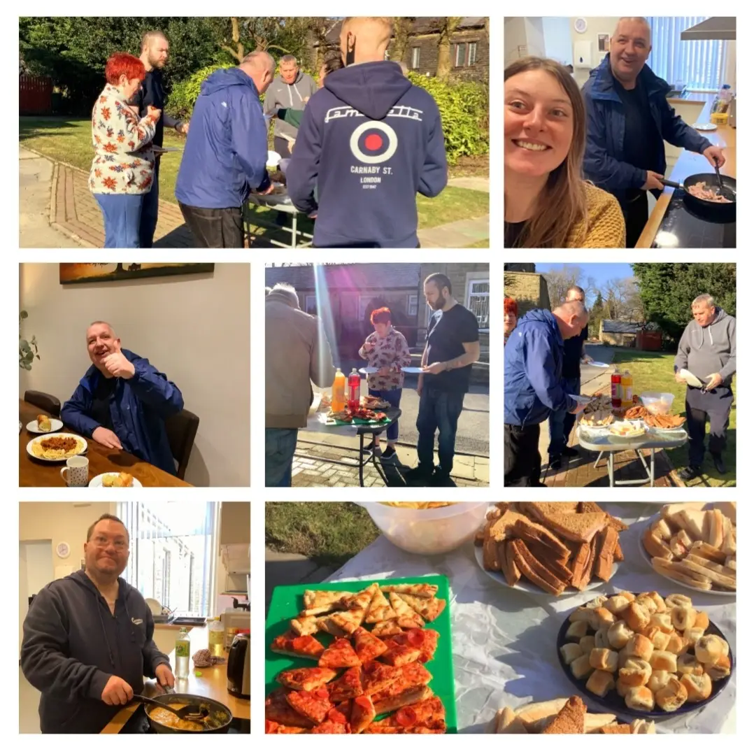 collage of residents enjoying a selection of picnic food in the sun
