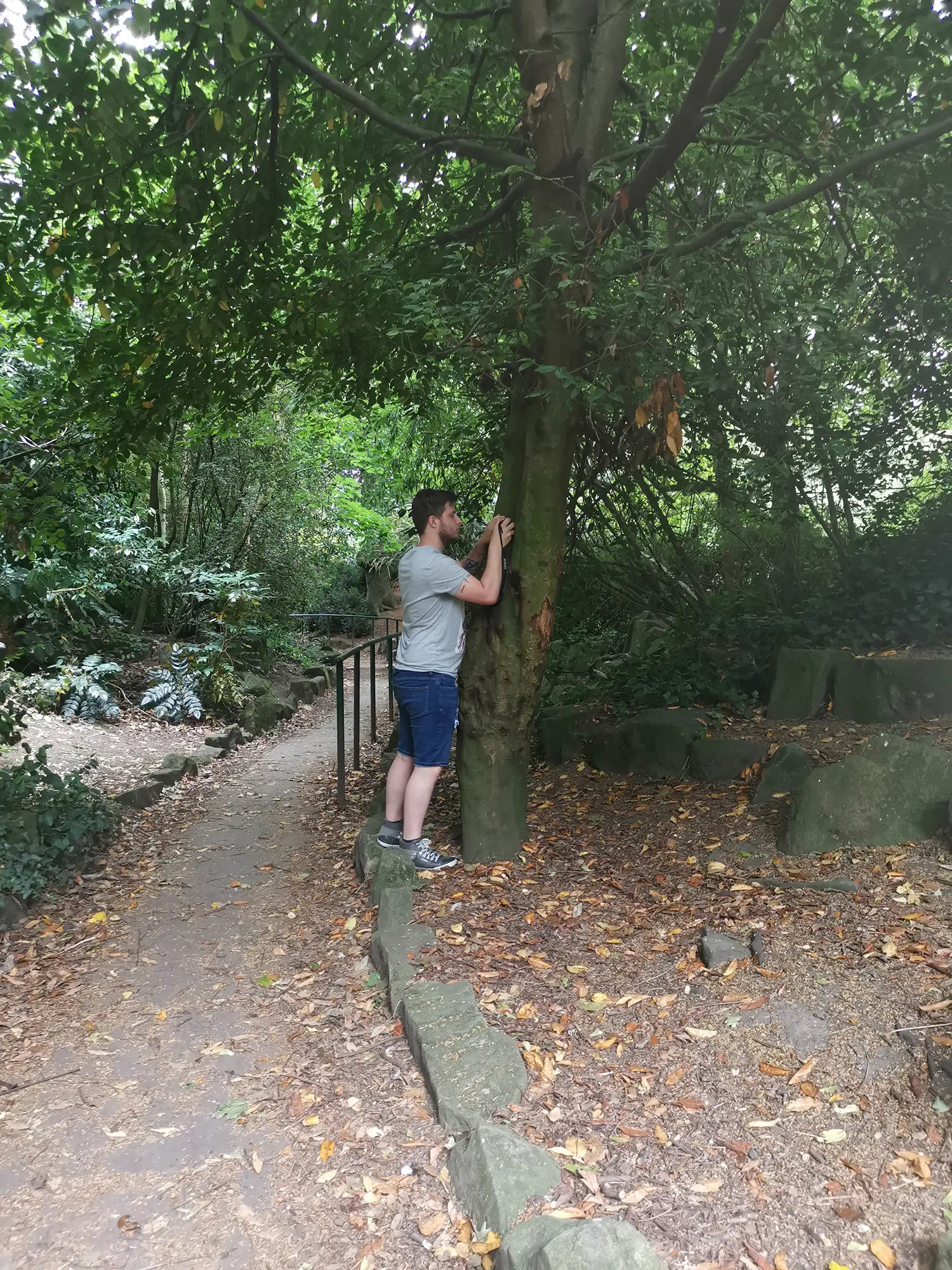 resident taking photo in woods